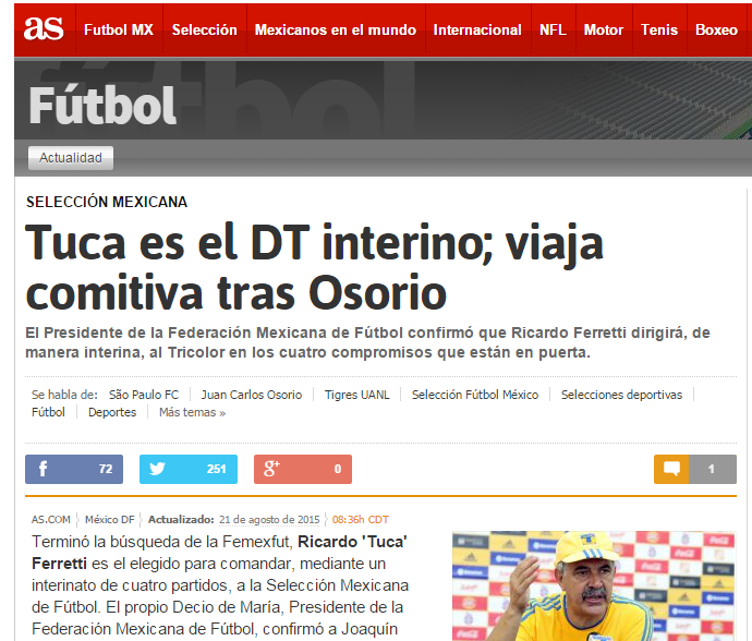 jornal AS; Seleção do México busca Juan Carlos Osorio, diz jornal (Foto: Reprodução/Internet)