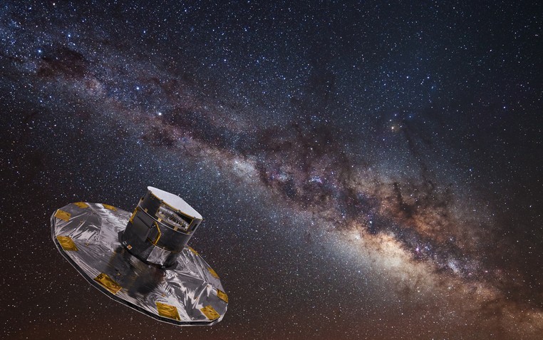  Concep&ccedil;&atilde;o art&iacute;stica representa sat&eacute;lite Gaia mapeano a Via L&aacute;ctea  (Foto: ESA/ATG medialab; background: ESO/S. Brunier)