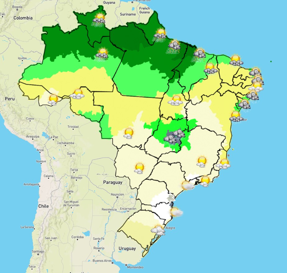 Mapa do Brasil feito pelo Inmet mostra possibilidade de temporal no Norte, Nordeste e Centro-oeste brasileiro nesta terça-feira (15/6) (Foto: Inmet)