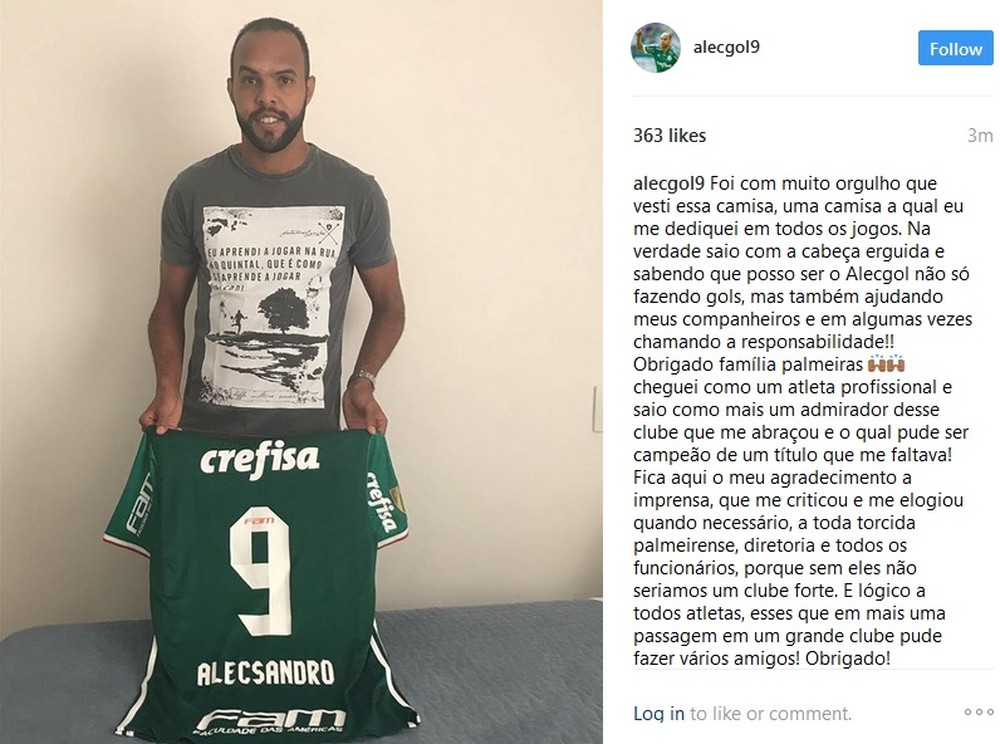 Após acertar ida para o Coritiba, Alecsandro agradece ao Palmeiras
