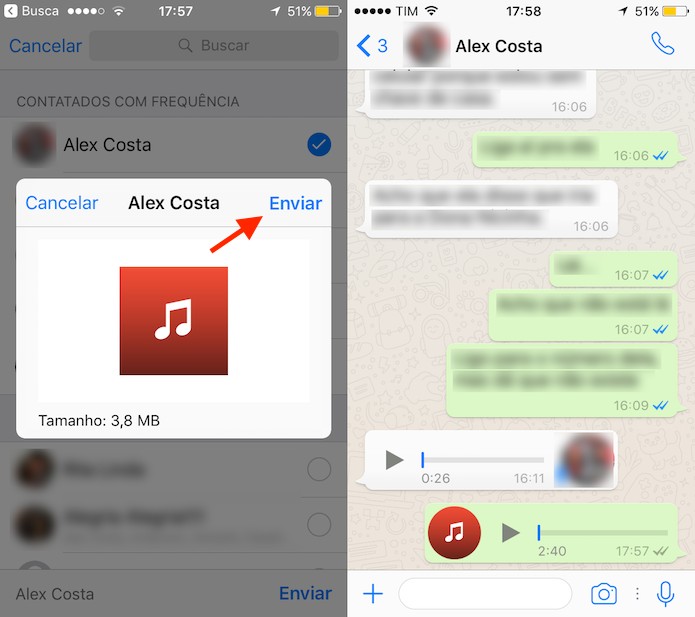 Opção para compartilhar uma música do Google Drive para o WhatsApp (Foto: Reprodução/Marvin Costa)