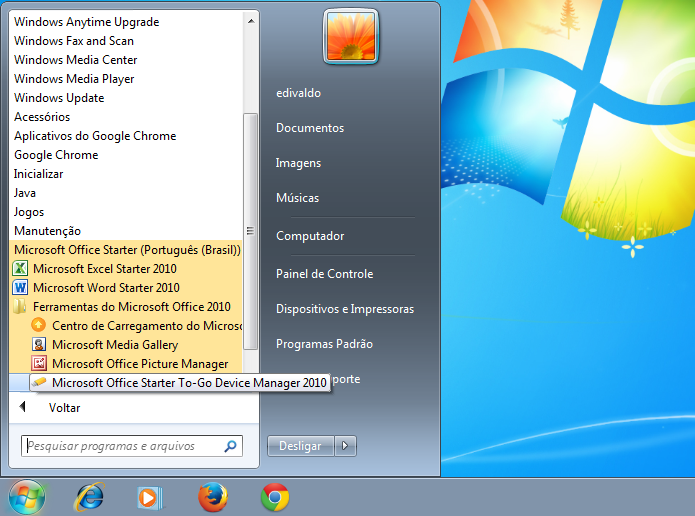 Acessando o recurso Microsoft Office Starter Portátil pelo menu Iniciar (Foto: Reprodução/Edivaldo Brito)