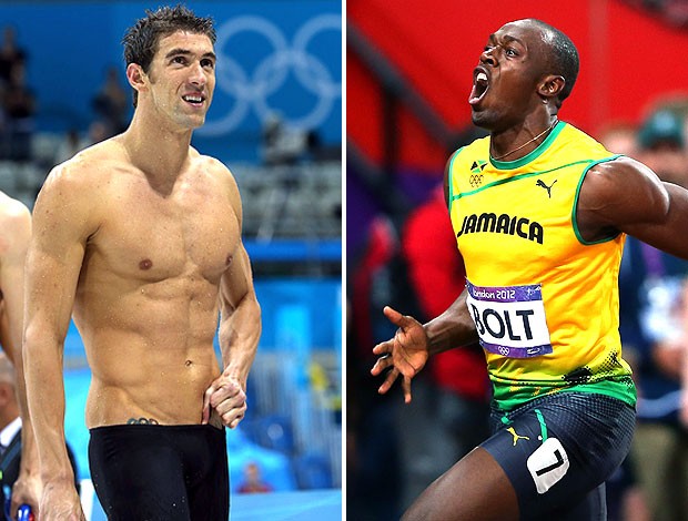 montagem Phelps e Bolt (Foto: Editoria de Arte / Globoesporte.com)