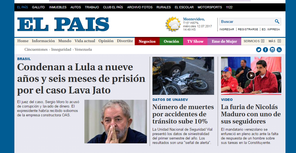 O 'El País' do Uruguai dá destaque à condenação de Lula no Brasil (Foto: Reprodução/ El País)