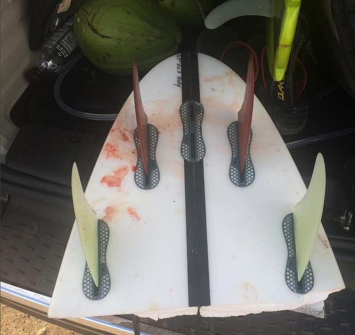 Kelly Slater postou foto de prancha quebrada com marcas de sangue (Foto: Reprodução / Instagram)