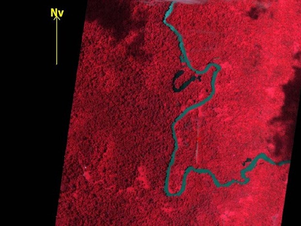 Imagem feita com sensores infra vermelhos para localizar ponto exato da pista clandestina no meiop da vegetação amazônica (Foto: Divulgação/FAB)