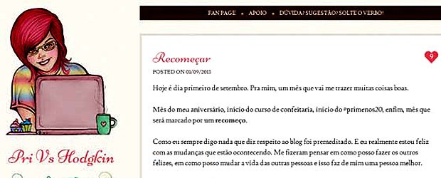 Página do blog da estudante Priscila Veiga, em que ela relata a luta contra o câncer (Foto: G1/reprodução)