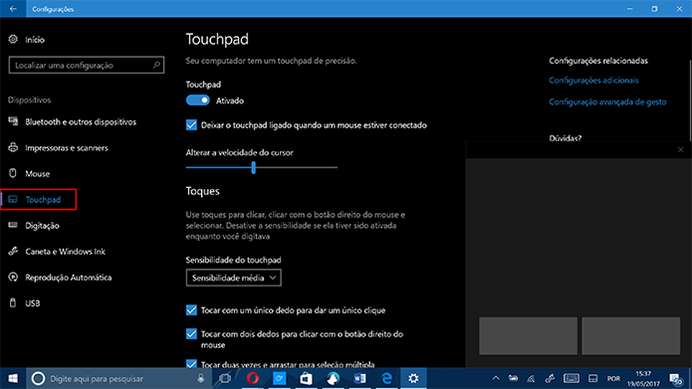 Windows 10 traz guia para configuração de touchpad no sistema (Foto: Reprodução/Elson de Souza)