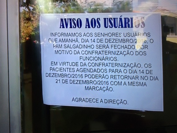 Atendiemento no PAM Salgadinho é suspenso pro causa de festa de confraternização (Foto: Reprodução/TV Gazeta)