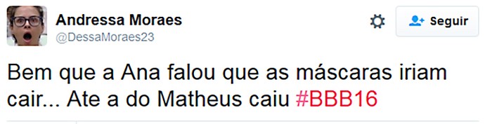 Matheus crítica - máscara caiu - twitter 13_02 (Foto: TV Globo)