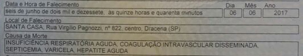 Certidão de Óbito aponta varicela, ou catapora, como uma das causas da morte da advogada (Foto: Reprodução)