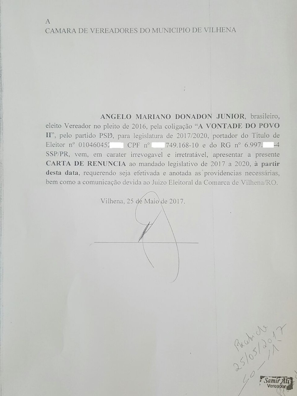Carta de renúncia foi apresentada na Câmara nesta quinta-feira (Foto: Reprodução/WhatsApp)