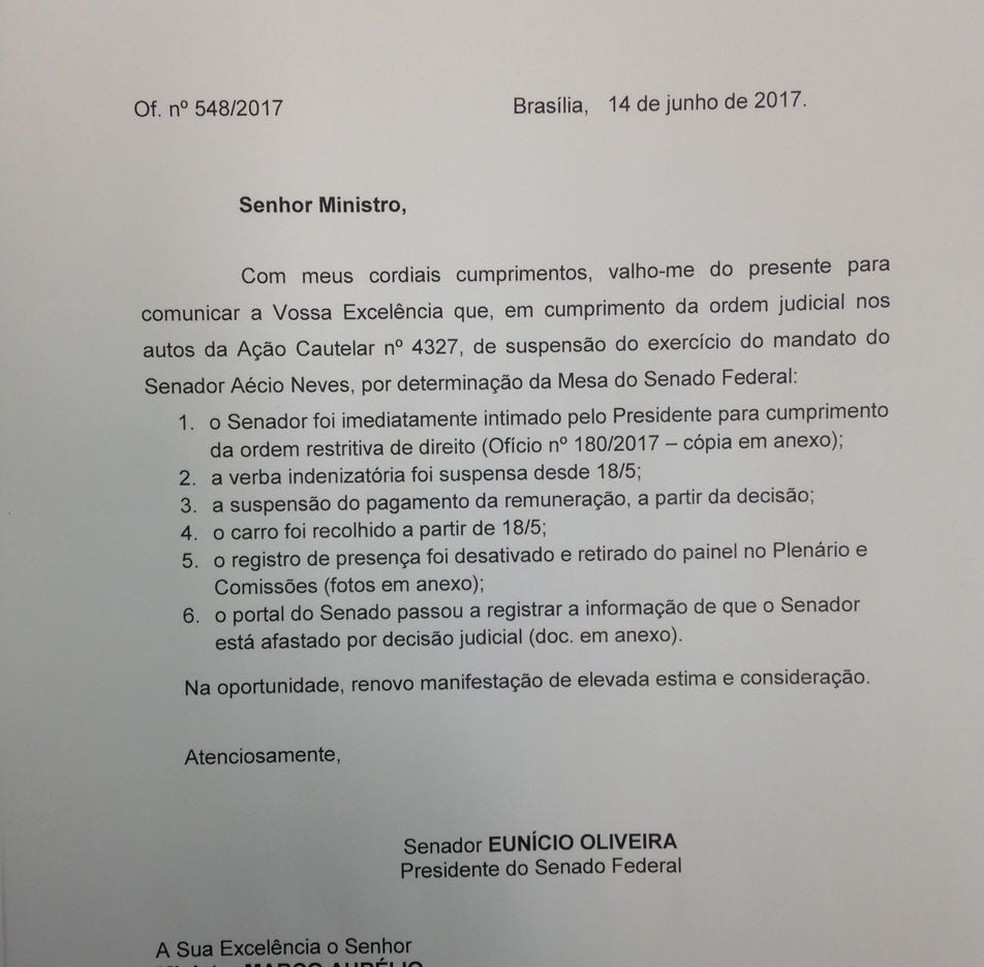Ofício de Eunício enviado a Marco Aurélio Mello (Foto: Reprodução/Senado)