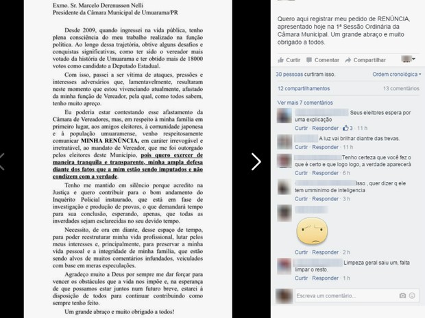 Hemerson Yokota (PR) publicou a carta de renúncia em uma rede social (Foto: Reprodução )