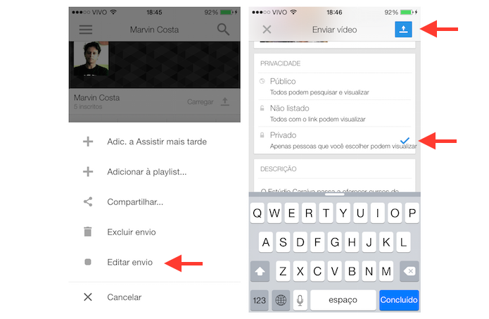 Marcando um vídeo como privado no YouTube através de um dispositivo iOS (Foto: Reprodução/Marvin Costa)