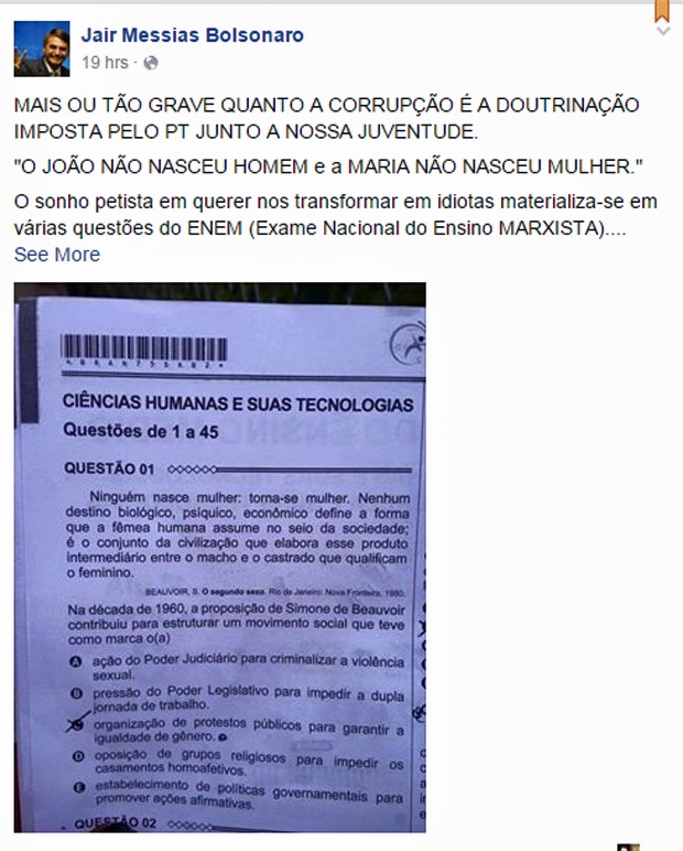 O deputado Jair Bolsonaro acusou o governo de fazer 'doutrinação' na prova do Enem 2015 (Foto: Reprodução/Facebook)