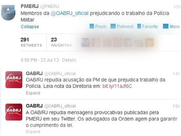 Montagem do Twitter da OAB e da PM ERJ (Foto: Reprodução/ Twitter)