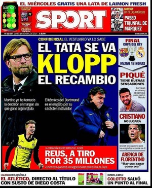 Capa do jornal 'Sport' com Klopp cotado para substituir Tata Martino à frente do Barcelona (Foto: Reprodução)
