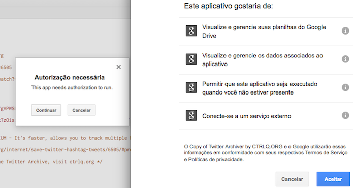 Autorizando a execução do script no Google Drive (Foto: Reprodução/Edivaldo Brito)