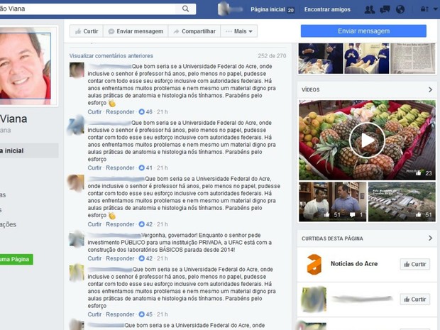 Internautas se revoltaram com postagem e fizeram críticas à possível apoio do governador à faculdade particular (Foto: Reprodução/Facebook)