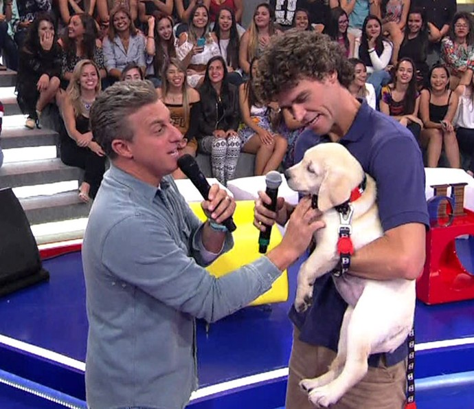 Luciano Huck presenteia Guga com filhote de labrador (Foto: TV Globo)