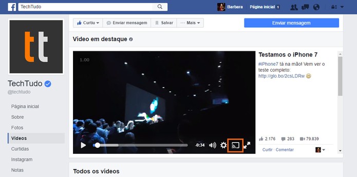 Inicie a transmissão do vídeo do Facebook no ícone de streaming (Foto: Reprodução/Barbara Mannara)