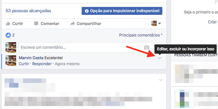 Acesso para opções de um comentário em uma página do Facebook (Foto: Reprodução/Marvin Costa)