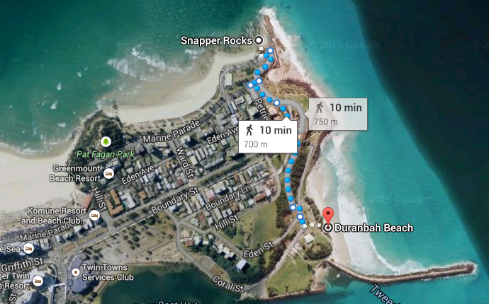 Praias de Snapper Rocks e de Duranbah (D'bah) ficam em estados diferentes, mas são próximas - mundial de surfe Gold Coast (Foto: Reprodução / Google Earth)