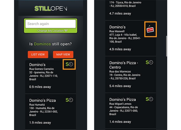 Uma lista mostra todas as filiais mais próximas do restaurante no app Still Open (Foto: Reprodução/Barbara Mannara)