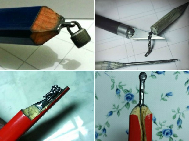 Cadeado, corrente, motocicleta e microfone: Amaro faz as mais variadas formas na ponta do lápis (Foto: Jessé Amaro/Arquivo pessoal)