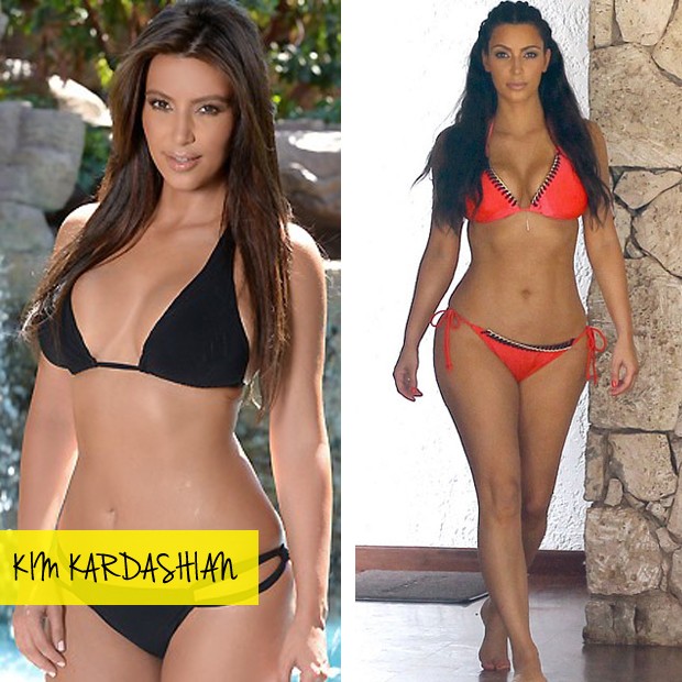 Kim Kardashian mostrou o corpo de biquni em ensaio ( esq.) e durante frias com o namorado, Kanye West. Clique na imagem para saber mais (Foto: Splash News)