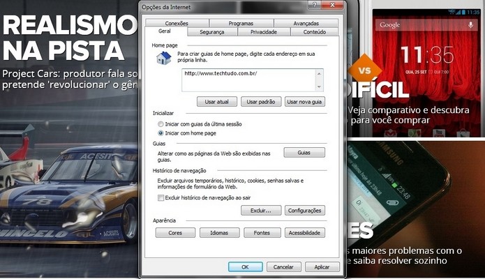 Janela Opções da Internet com nova página inicial definida (Foto: Reprodução/Raquel Freire)