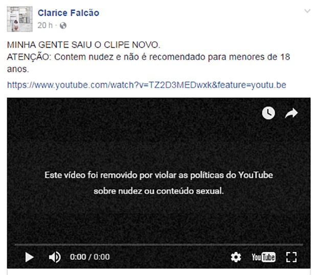 Clipe de Clarice Falcão é removido do Youtube (Foto: Reprodução/Facebook)