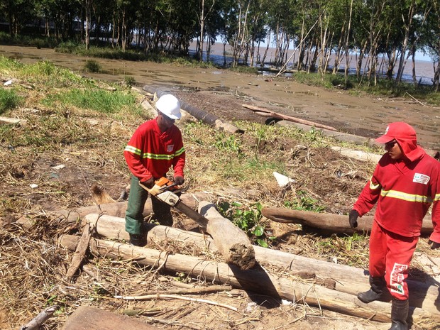 Trabalhadores retiraram madeiras da orla do Amazonas neste sábado (Foto: Cassio Albuquerque/G1)