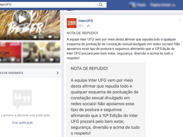 Organização do interUFG divulga nota de repúdio nas redes sociais (Foto: Reprodução/ Facebook)