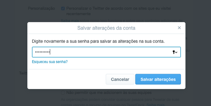 Digite a sua senha para confirmar o bloqueio do perfil (Foto: Reprodução/Helito Bijora) Digite a sua senha para confirmar o bloqueio do perfil (Foto: Reprodução/Helito Bijora)
