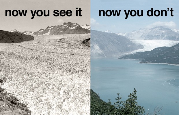 À esquerda, imagem de 1941 mostra a geleira de Muir, no Alasca; à direita, foto no mesmo local, em 2004, mostra como o derretimento afetou a geleira (Foto: Divulgação/National Snow and Ice Data Center)