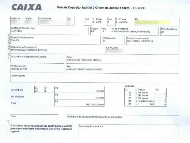 Comprovante mostra o depósito de R$ 3.000.000,00 de fiança (Foto: Reprodução)