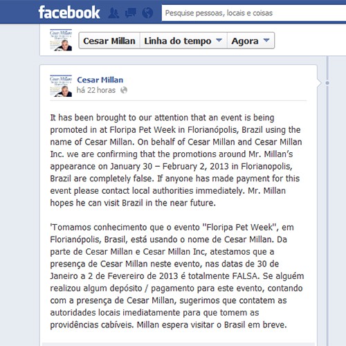 Cesar afirma que não participará do evento (Foto: Reprodução/Facebook)