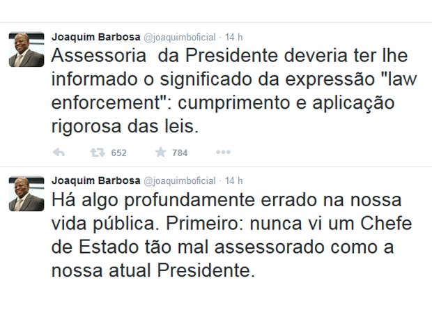 No Twitter, Barbosa criticou declarações da presidente Dilma Rousseff (Foto: Reprodução/Twitter)