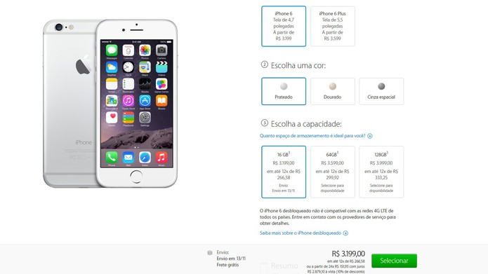 Pré-venda do iPhone 6 no Brasil, com preço a partir de R$ 3.199 (Foto: Reprodução/Apple) Pré-venda do iPhone 6 no Brasil, com preço a partir de R$ 3.199 (Foto: Reprodução/Apple)