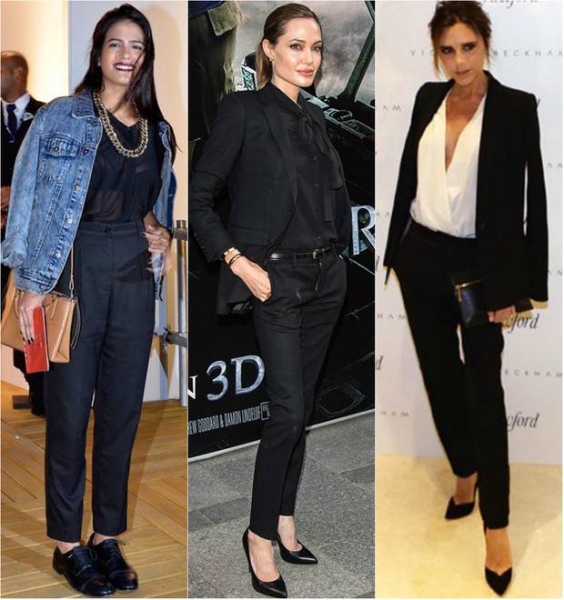 Antônia de Moraes, Angelina Jolie e Victoria Beckham gostam de usar calça preta de alfaiataria para looks mais sociais (Foto: Getty Image e Ag.News)