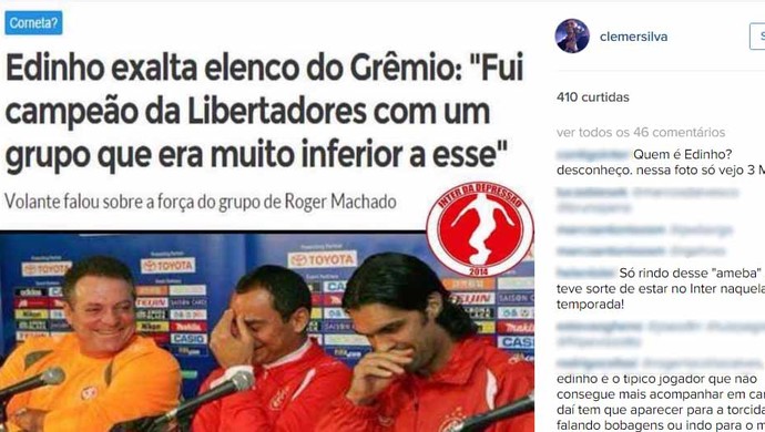 Clemer ironiza declarações de Edinho por meio do Instagram (Foto: Instagram / Reprodução) Clemer ironiza declarações de Edinho por meio do Instagram (Foto: Instagram / Reprodução)