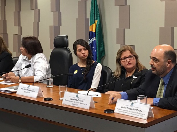 A estudante Ana Júlia Ribeiro participa de audiência pública na Comissão de Direitos Humanos do Senado (Foto: Gustavo Garcia / G1)