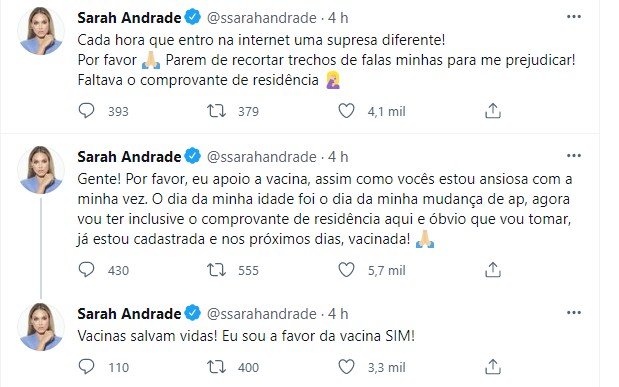 Sarah Andrade fala sobre vacina (Foto: Reprodução/Twitter)