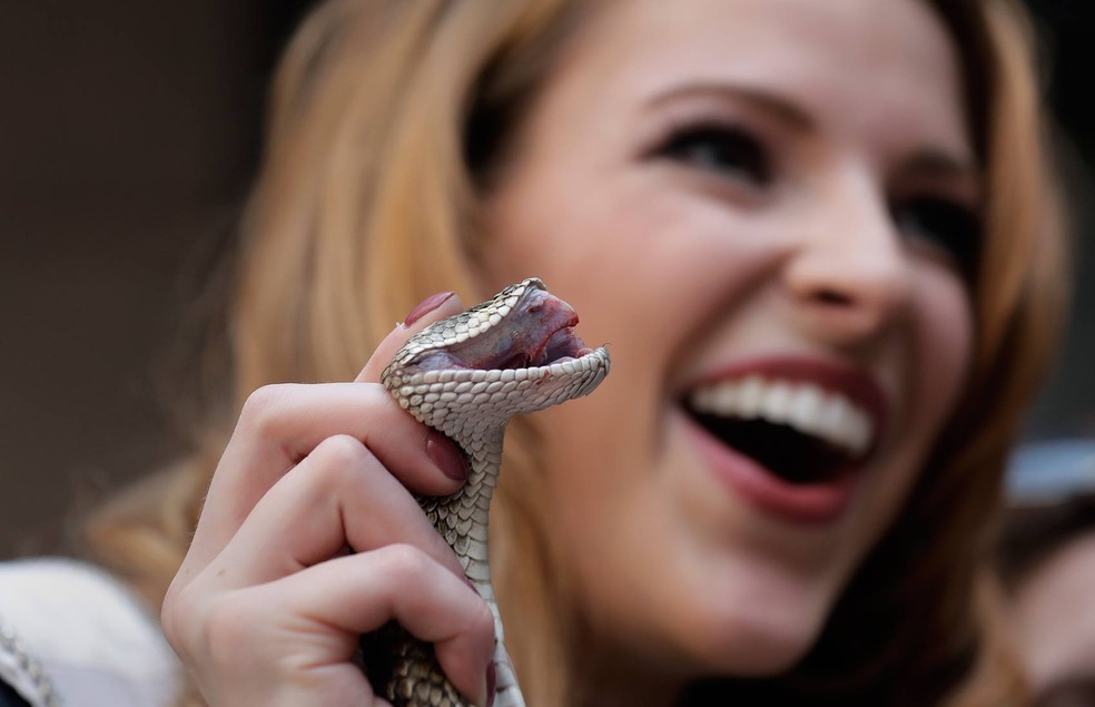 Caroline Carothers mostrou que não tem medo de cobras ao segurar uma cascavel no Capitólio estadual do Texas (Foto: Eric Gay/AP Photo)