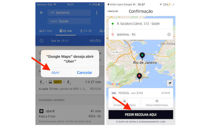 Pedindo uma corrida no Uber após visualizar a estimativa de tarifa no Google Maps para iPhone (Foto: Reprodução/Marvin Costa)