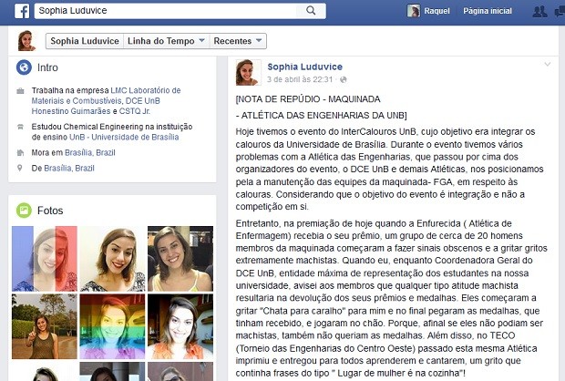 Publicação da coordenadora-geral do DCE da UnB, Sophia Luduvice (Foto: Facebook/Reprodução)