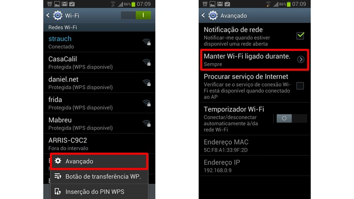Configure o aparelho para que o Wi-Fi mantenha-se ligado mesmo quando suas atividades estiverem suspensas (Foto:Reprodução/Daniel Ribeiro)