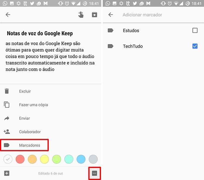 Google Keep para Android e iOS permite adicionar marcadores dentro da nota (Foto: Reprodução/Elson de Souza)